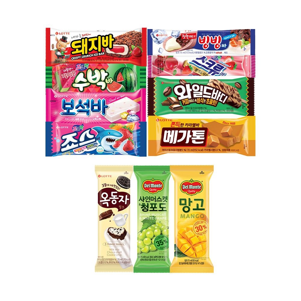 [롯데웰푸드]인기 바 아이스크림 11종 40개 골라담기 (20+10+10) 옥동자/와일드바디/메가톤바/돼지바 등 : 롯데ON
