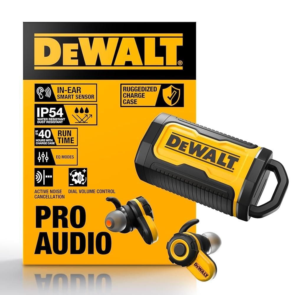 [해외] DEWALT 튼튼한 블루투스 Jobsite Pro X2 ANC 트루 와이어리스 이어버드, 액티브 노이즈 캔슬링 작업 턴 다이얼 컨트롤, 10