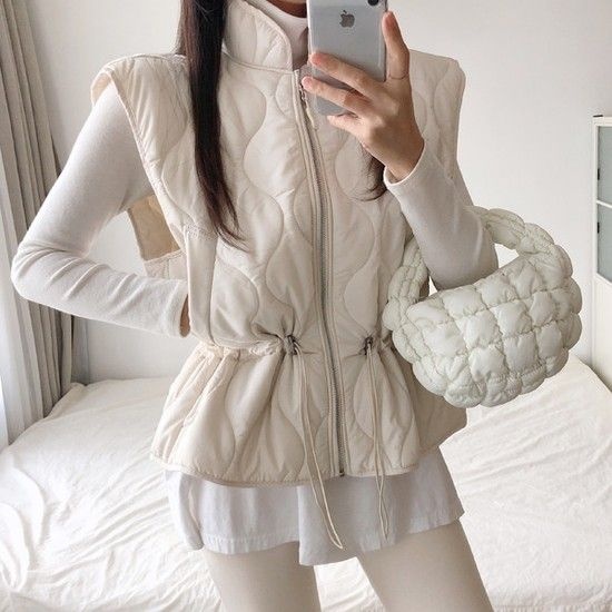 마주로 하이넥 스트링 퀄팅 패딩 조끼 베스트