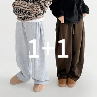 왓위웨어 [딜크릿][롯데온단독] 1+1 남여공용 기모바지 와이드팬츠 백포켓 사이드턱 밴딩 캠핑 겨울 벌룬핏