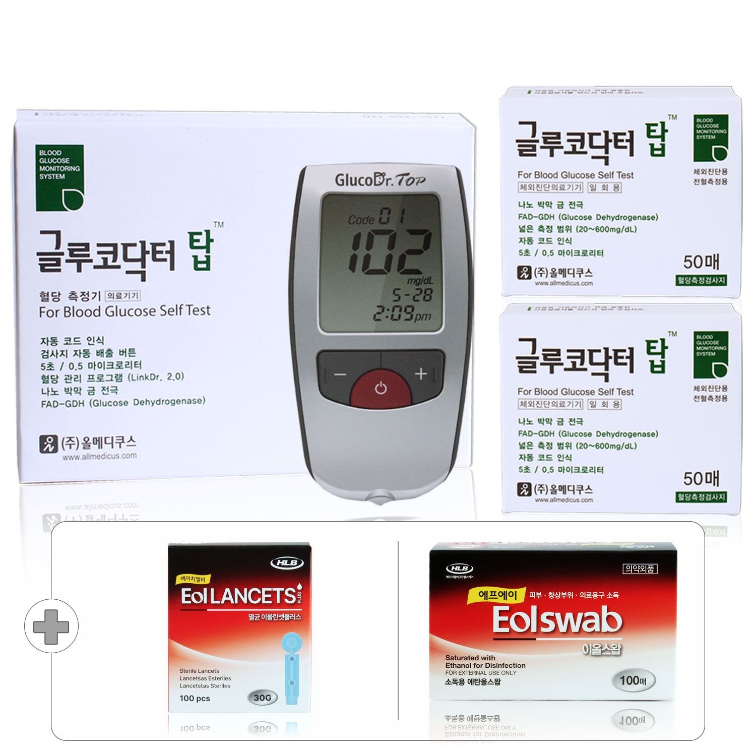 올메디쿠스 글루코닥터 탑 혈당계 세트 (혈당기+혈당측정지 100매+채혈침 110개+알콜솜 100매) AGM-4100