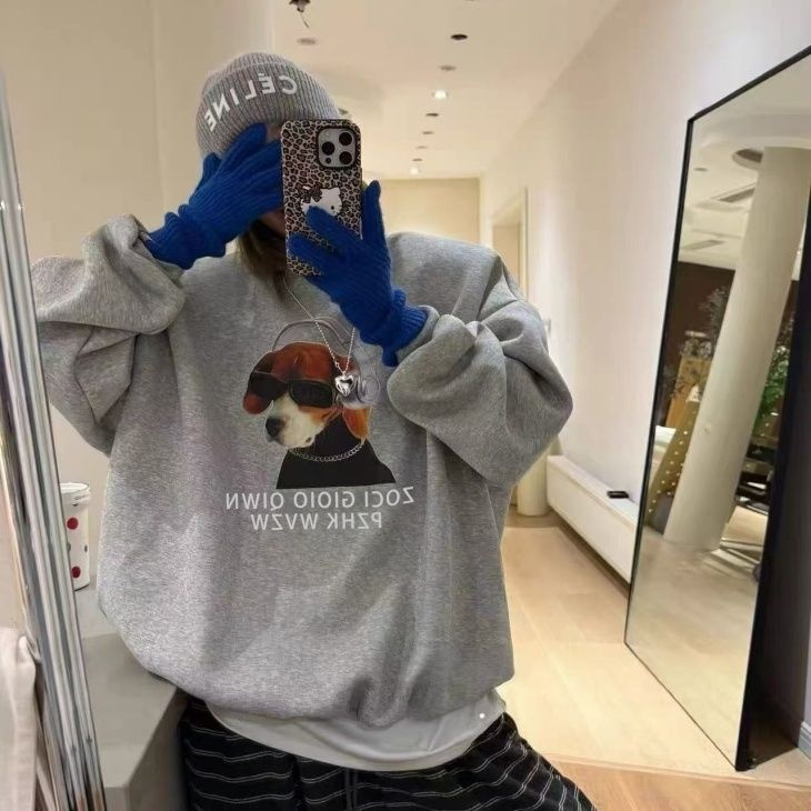 데일리 꾸안꾸 오버핏 헤드폰 독그래픽 맨투맨