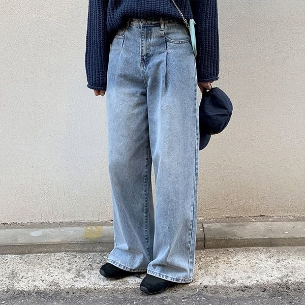 아뜨랑스 협력업체 프롬리리컬 (S~L/트렌디핏/하체커버) 미켈 원핀턱 하이웨스트 워싱 데님 와이드 팬츠 ps5056