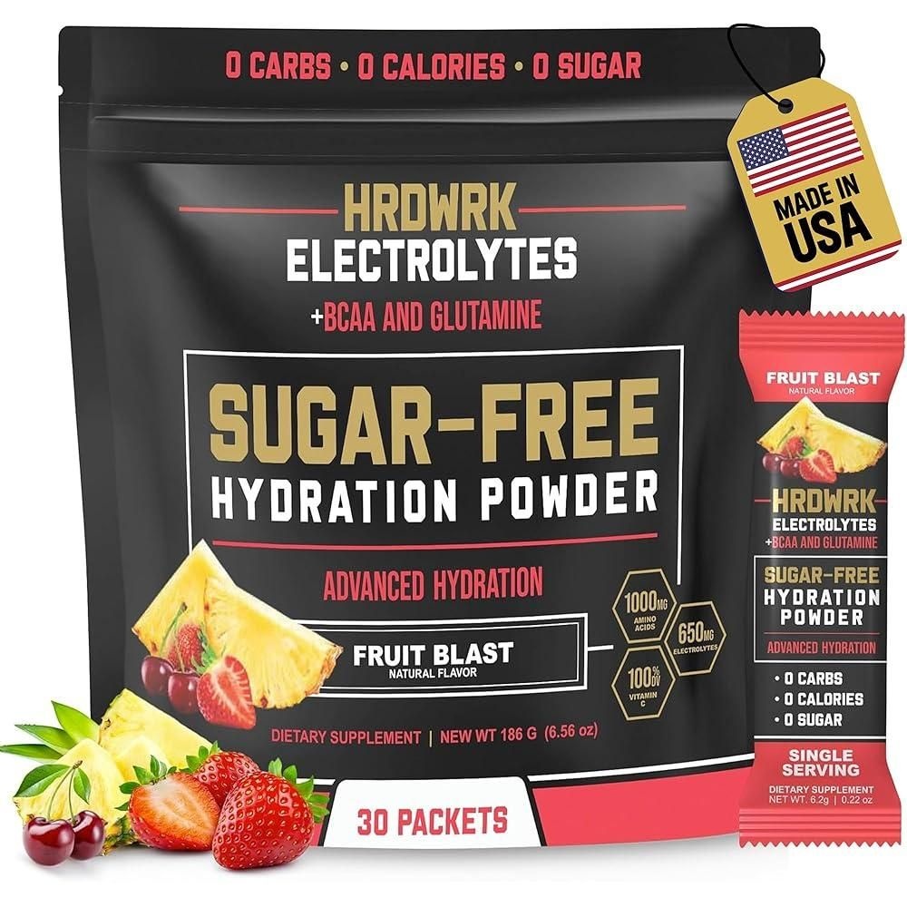 [해외] HRDWRK 전해질 파우더 패킷, 마그네슘, 칼륨 나트륨, 케토 하이드레이션 포함 - 글루타민이 함유된 BCAA 전해질 파우