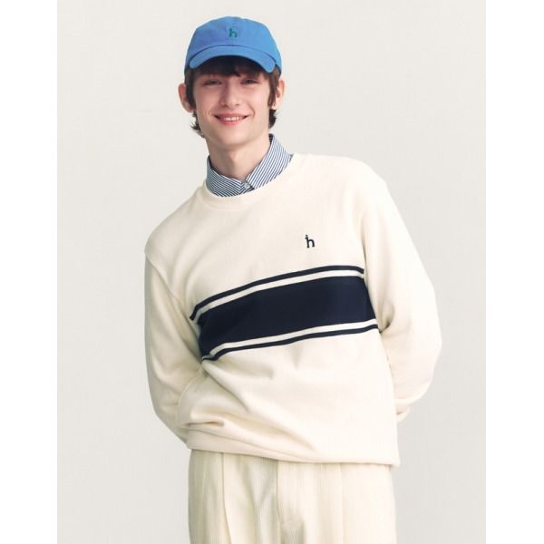 [헤지스 남성] [24FW] WHTS4D345CR 스테디셀러 크림 컬러배색 면 긴팔티셔츠