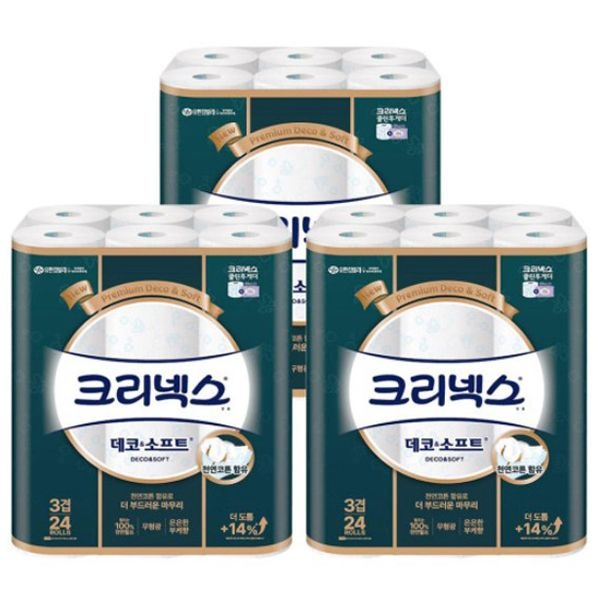 [온누리상품] 크리넥스 [크리넥스] 데코소프트 3겹 30m 24롤*3팩 [102mm 광폭]