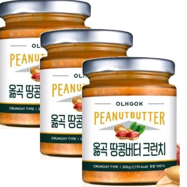 옭곡 옭곡 국내산 100% 무첨가 땅콩버터 200g 크런치 3개 600g 1세트 티타임 홈카페 식빵 모닝빵 시럽 견과류버터
