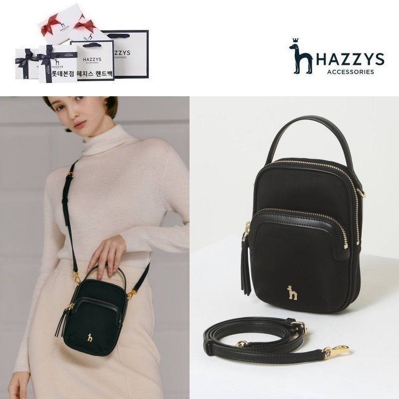 [롯데백화점] 헤지스 ACC [미니백추천] 블랙 나일론 더블지퍼 큐빅장식 미니크로스백 HIWA3F430BK