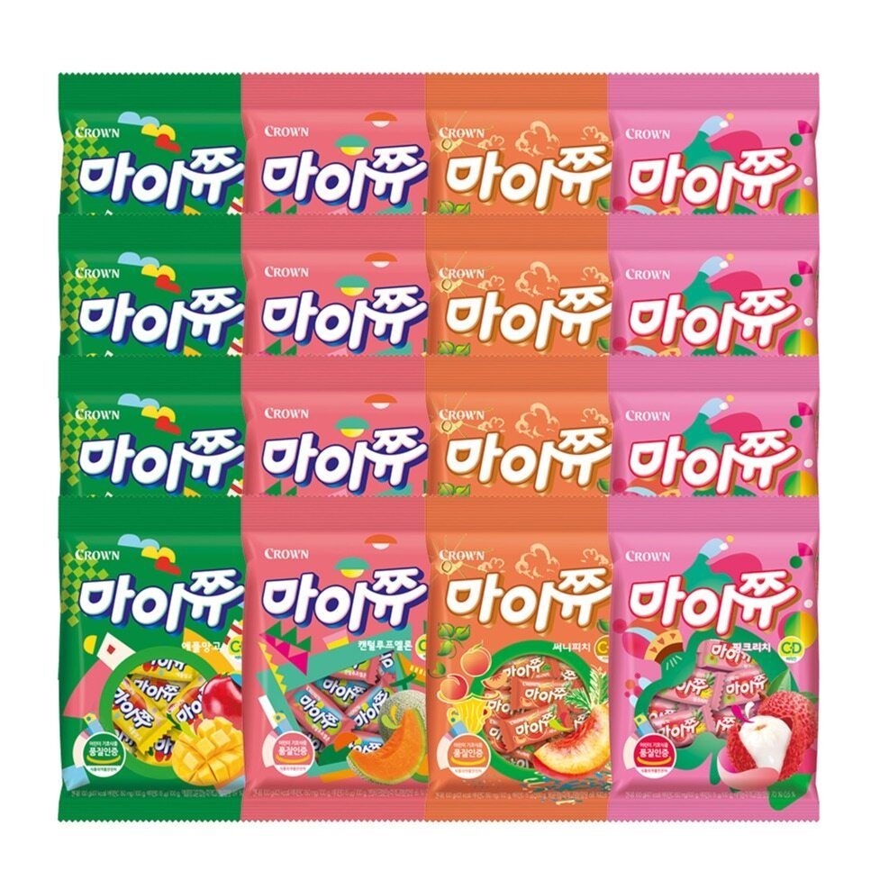 ㈜크라운제과 크라운 마이쮸 100g 4종 12봉 (핑크리치3+애플망고3+써니피치3+멜론3)