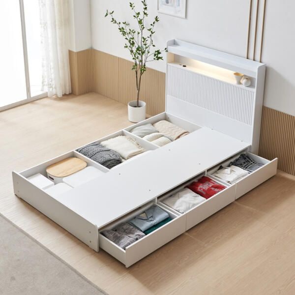 (현대Hmall) 아트박스/보루네오 옷 이불 다 수납되는 조명침대 SS (라텍스독립) KC713