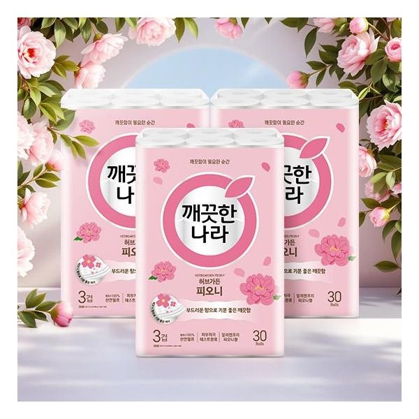깨끗한나라 [깨끗한나라] 극초특가  허브가든 피오니 프리미엄 화장지 3겹 30롤 x 3팩