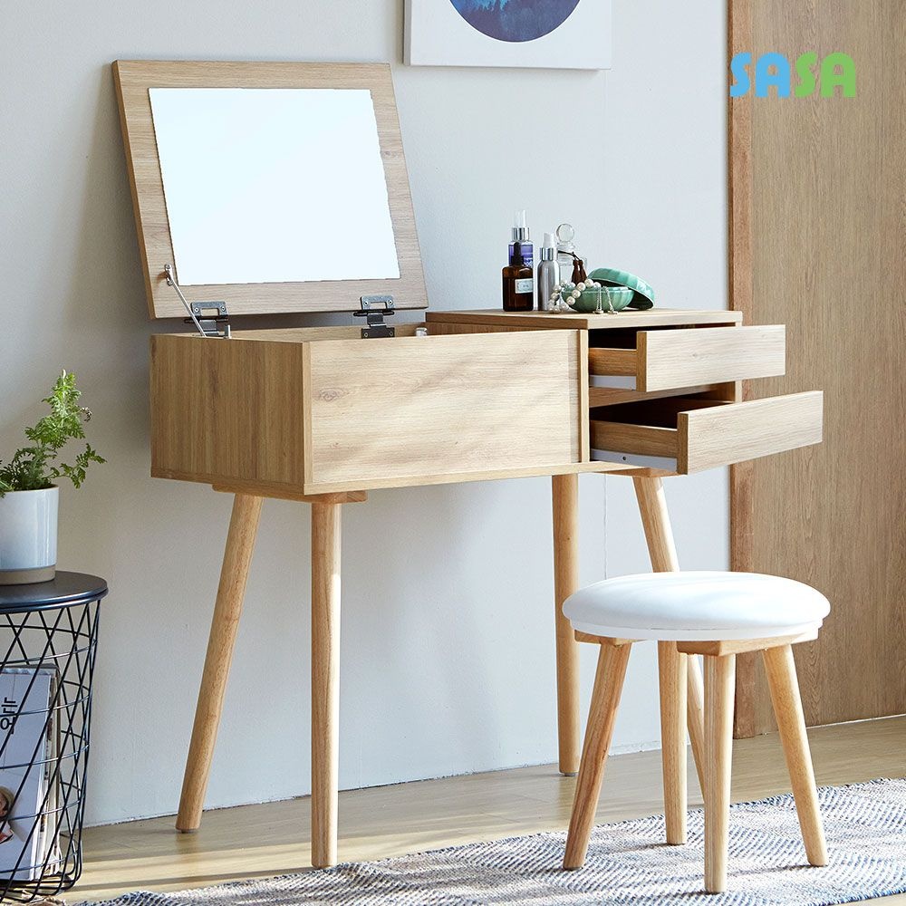 (현대Hmall) 사사가구 트리버 1인용 서랍수납 원목 거울화장대(스툴의자포함)