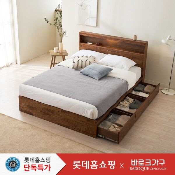 바로크가구OEM [바로크가구] 롯데단독특가 디어 LED 3단 수납 참죽 원목 침대프레임 Q_매트제외_착불배송