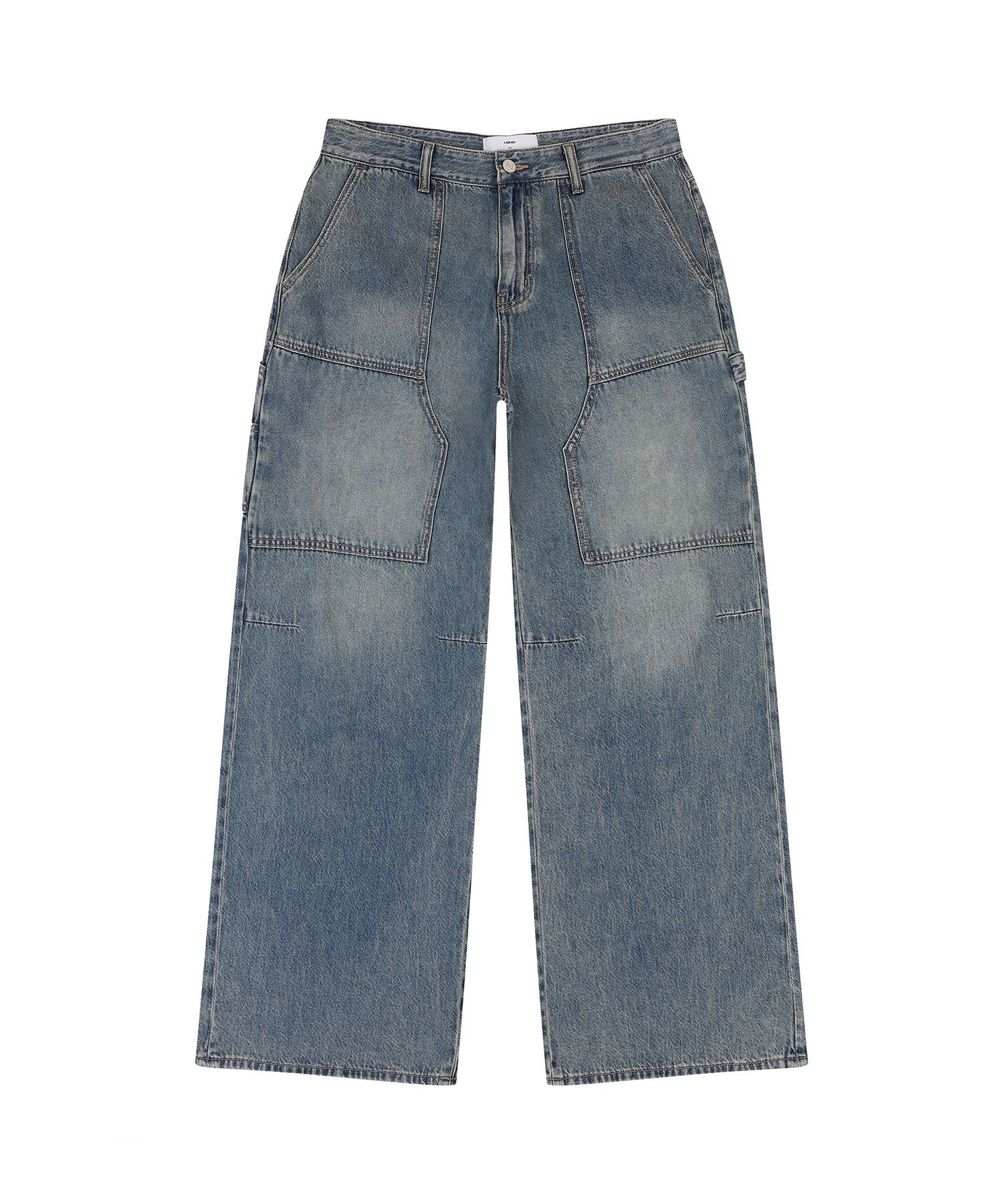 랩원오원 [LAB101] 카펜터 더블니 틴워시 와이드 데님 팬츠 (MID BLUE)