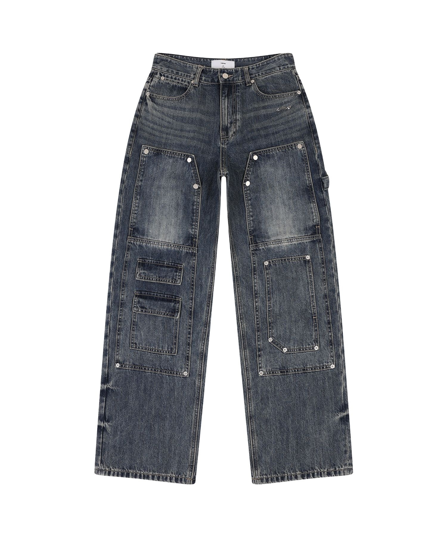 랩원오원 [LAB101] 디테처블 카펜터 더블니 와이드 데님 팬츠 (MID BLUE)