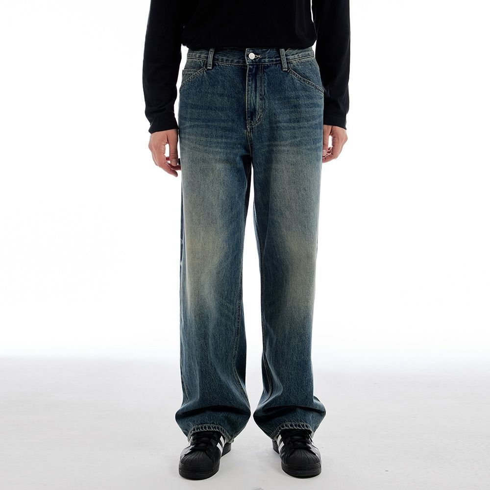 랩원오원 [LAB101] 카펜터 빈티지 워싱 와이드 데님 팬츠 (MID BLUE)