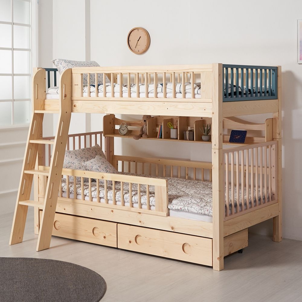 에보니아 [내추럴색상 14조 한정수량 특가] 파스텔 수퍼싱글 분리형 원목 이층침대 기본프레임(1층가드포함/매트리스UP