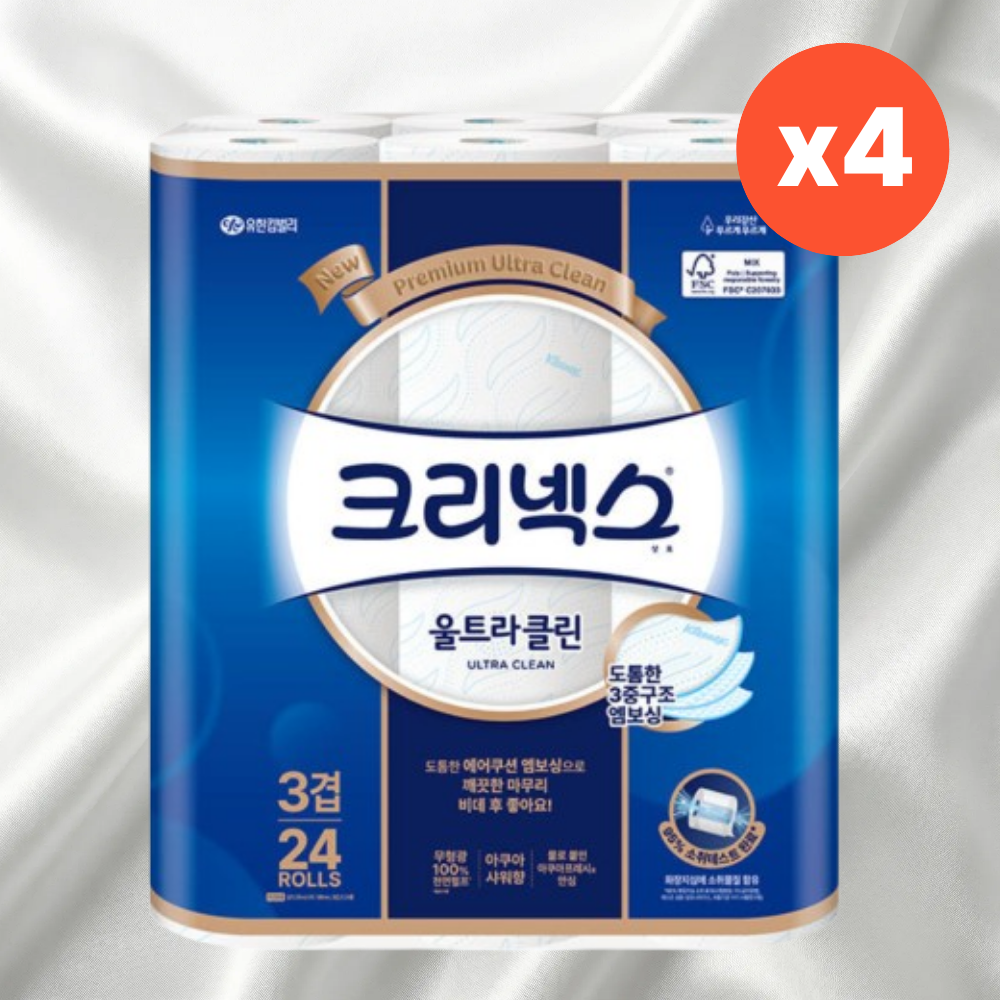 크리넥스 울트라클린 3겹 국내생산 화장지 두루마리 휴지 25m X 24롤, 4팩