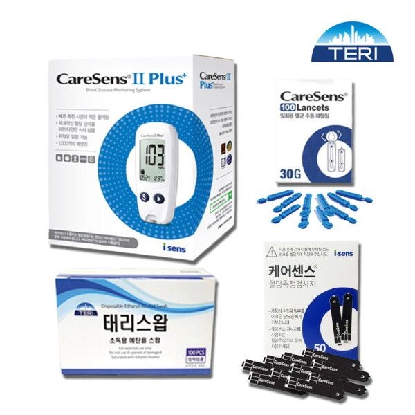 [케어센스] 2 플러스 혈당측정기+혈당시험지 60매+채혈침100개+알콜솜100매 당뇨 측정 소모성 재료
