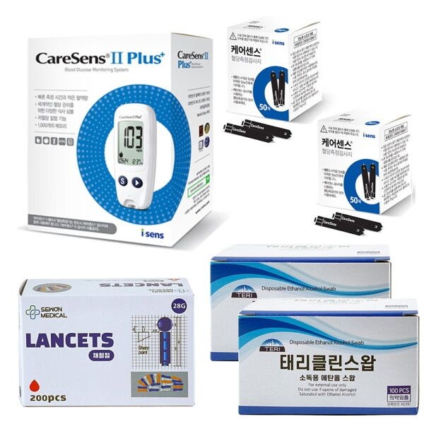 [케어센스] 2 플러스 혈당측정기+혈당시험지 110매+채혈침200개+알콜솜200매 당뇨 측정 소모성 재료