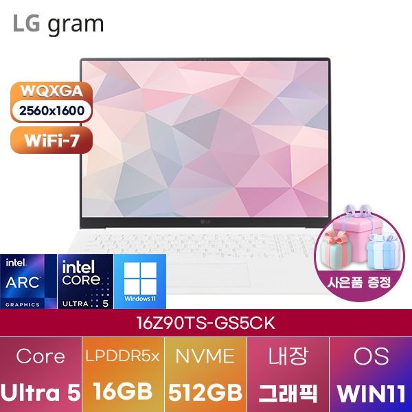 LG전자 LG 그램 프로16 16Z90TS-GS5CK Ultra5 Arc 130V 16GB 512GB WIN 11 HOME 인강용 대학생 노트북