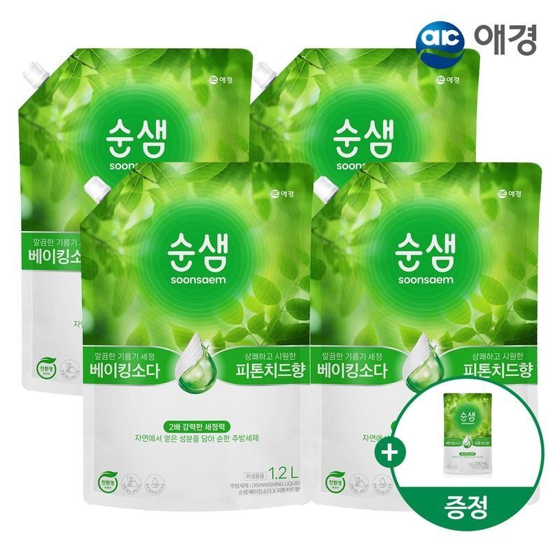 순샘 주방세제 리필 1.2L X 4개+200ml 제공 (베이킹소다피톤치드/구연산자몽 택1)