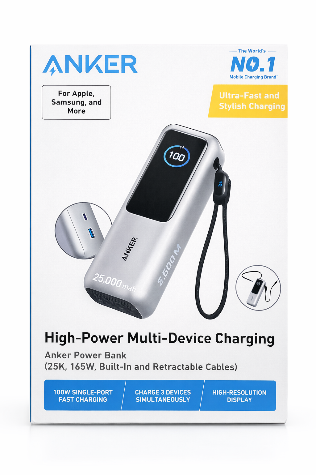 앤커 랩탑 파워뱅크25000mAh 165W 보조배터리 실버 (C타입 케이블 일체형)