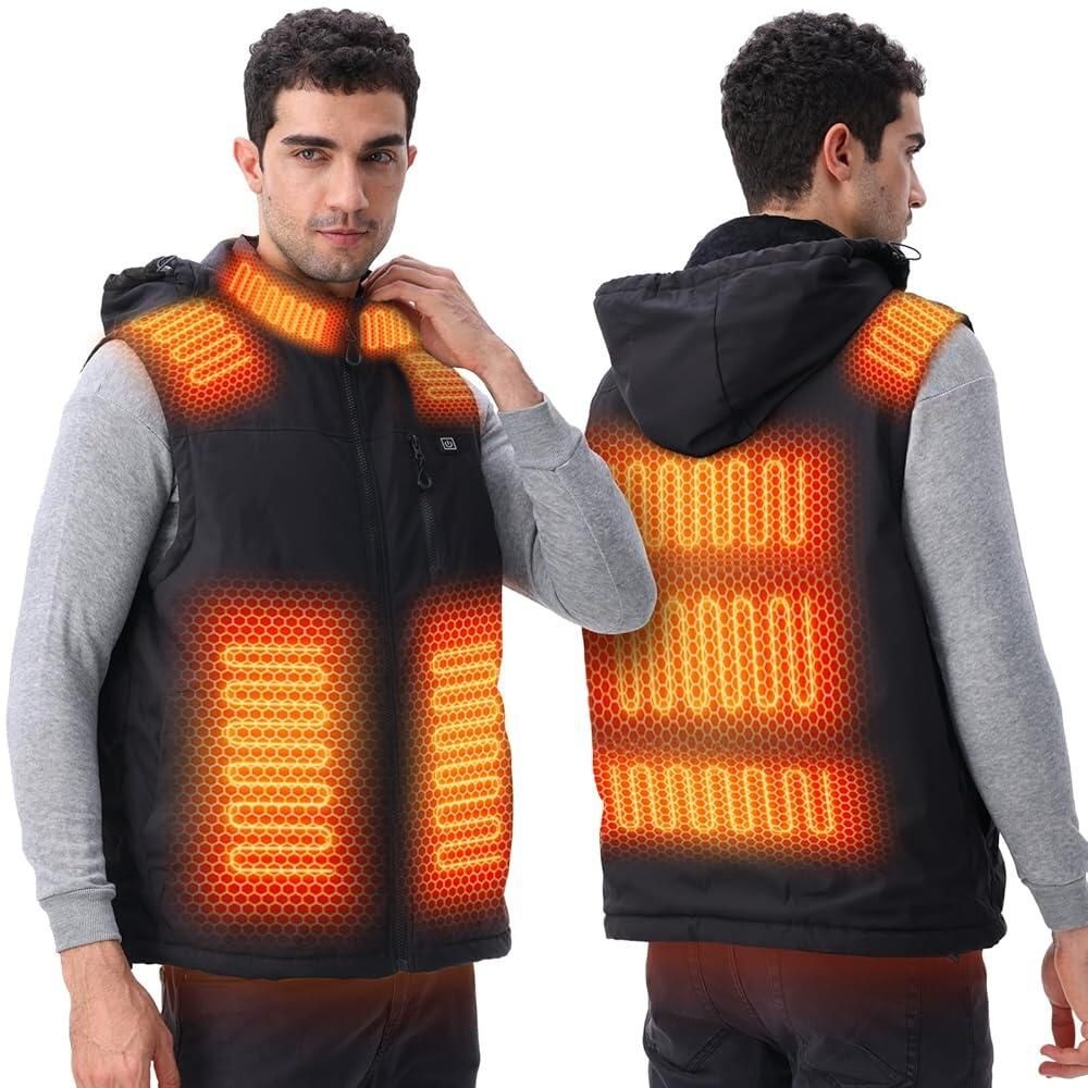 [해외] Jurmickey 남성 및 여성용 온열 조끼, 후드가 있는 업그레이드된 남성용 온열 조끼, 9개의 난방 구역, 배터리 팩 미포