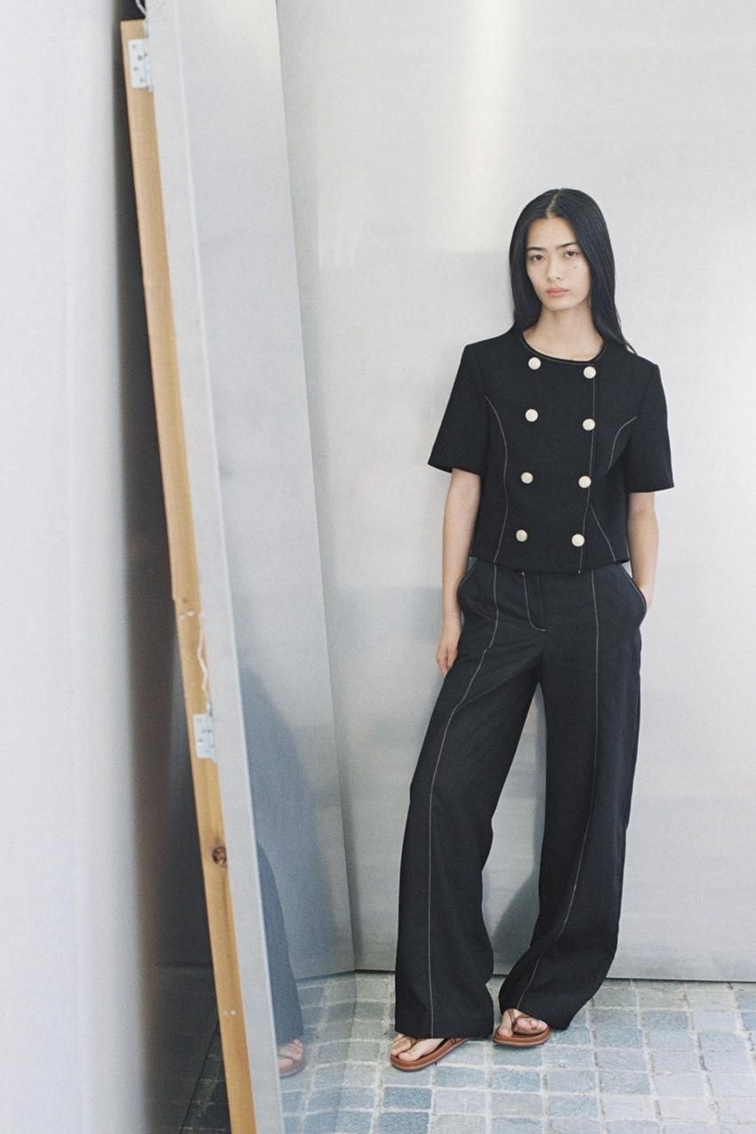 자라 ZARA 콘트라스트 스티치 쇼트 슬리브 블레이저 - 블랙 8164599800 853907