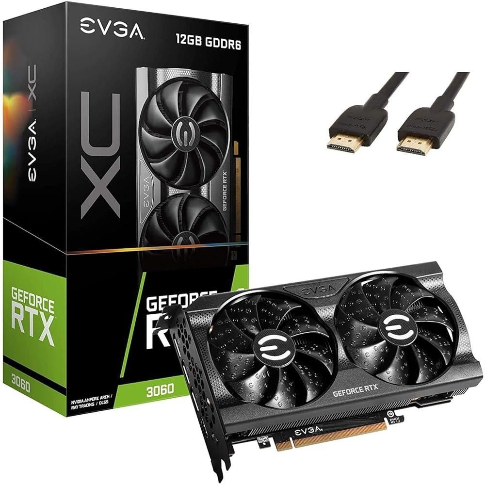 [해외] EVGA GeForce RTX 3060 XC 게이밍 12GB GDDR6, 12G-P5-3657-KR, 금속 백플레이트, HDMI 케이블 번들 듀얼 팬
