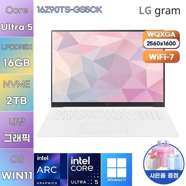 LG LG전자 LG 그램 프로16 16Z90TS-GS5CK Ultra5 Arc 130V 16GB 2TB WIN 11 HOME 사무용 인강용 노트북