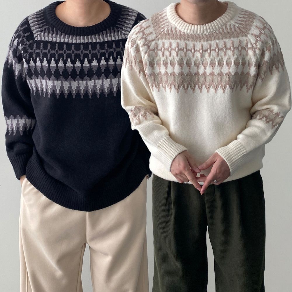[패션플러스][모노지]연말룩 클수마스 커플 오버핏 라운드넥 나그랑 노르딕 니트 커플룩 따뜻한 스웨터 2color