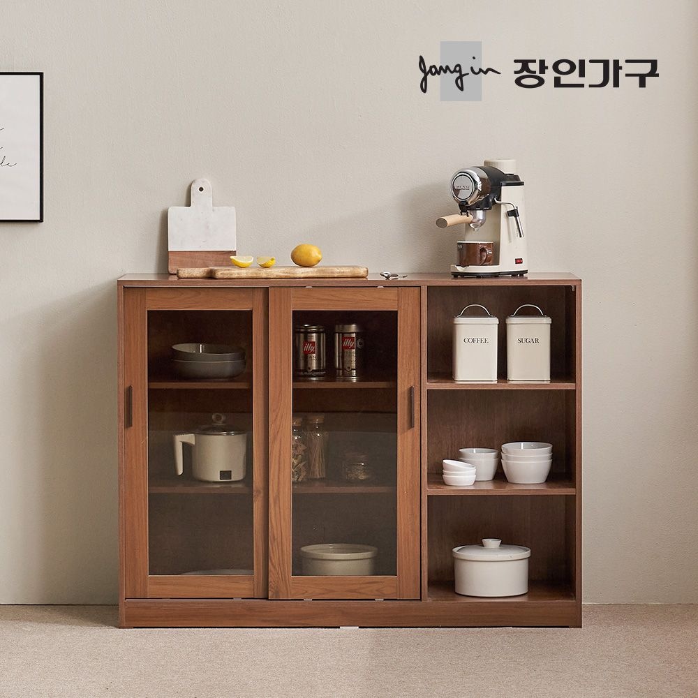 장인가구 아망드 슬라이딩 1200 유리 주방 선반 수납장 그릇 장식장 홈카페장