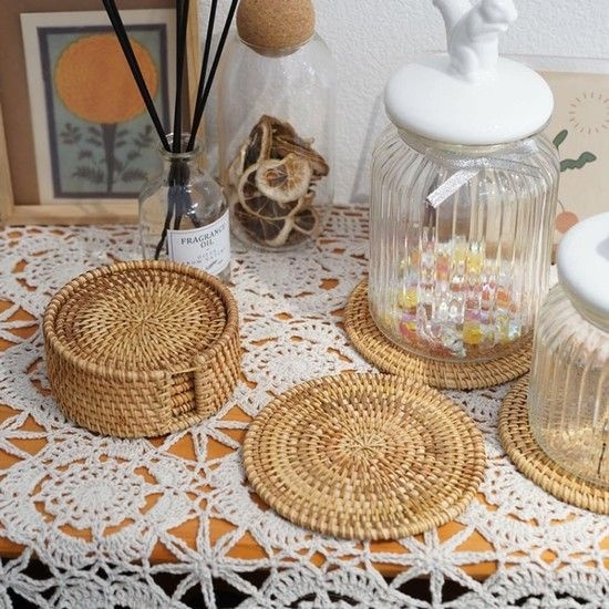 라탄 티코스터 원형 컵 받침대 10cm DD-10924 라탄컵받침 우드코스터 커피홀더 원형홀더