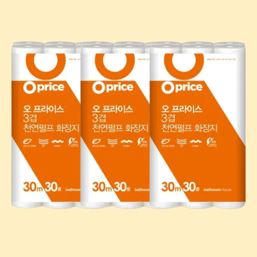 오프라이스 3겹 천연펄프 화장지 더 길어진 30m 30롤 3개 티슈 두루마리 휴지