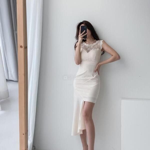 신상오픈런 협력업체 [신상-오픈런] 팡요노 여성 시스루 비대칭 미니 원피스 나시 레이스장식