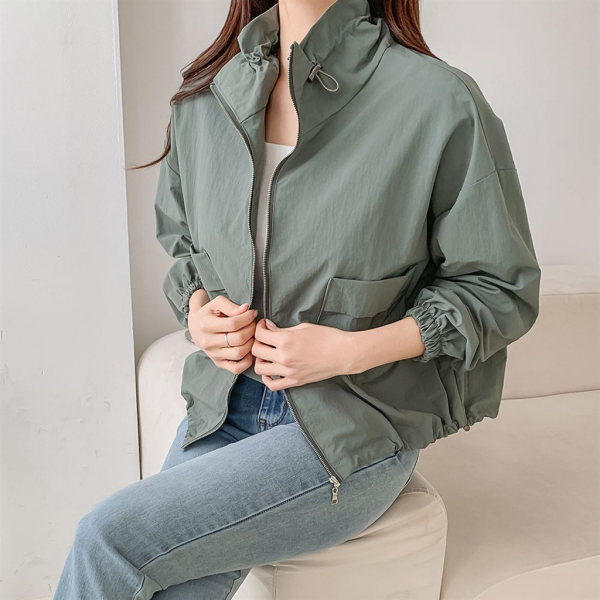 [옷자락 (osjarak)] 여자 나일론 봄야상자켓 투포켓 스트링 하이넥 점퍼