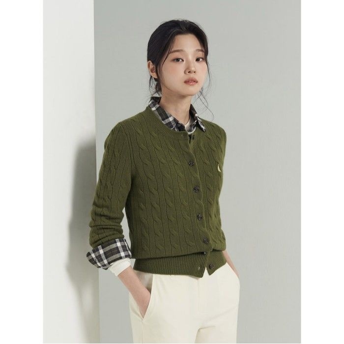 Essential 울 케이블 라운드넥 카디건 카키 BF595AE01H