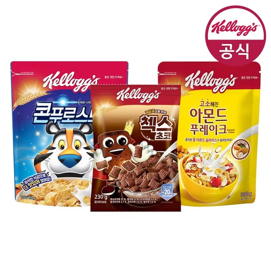 켈로그 시리얼 콘푸로스트300g x 3개 외 아몬드푸레이크300g/첵스230g 1+1+1 총 3봉 골라담기