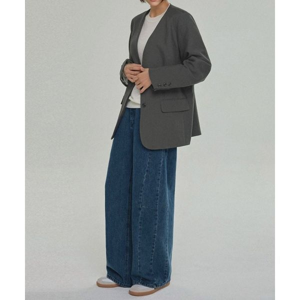 ROOMPACKER ROOMPACKER 어반 벨티드 노카라 배색 자켓_charcoal 218998