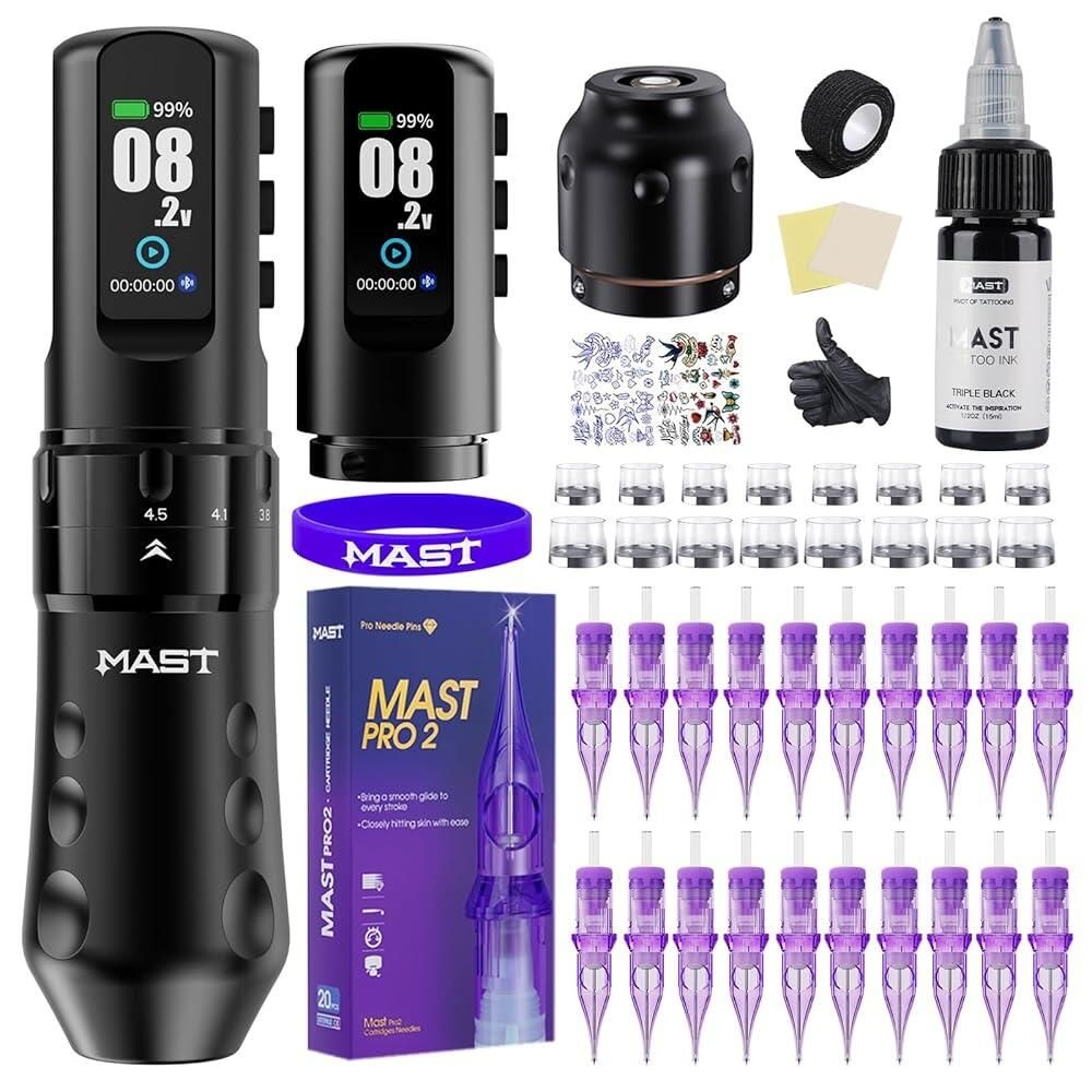 [해외] Mast Tattoo Kit Flip4 Pro 무선 타투 건 머신 키트 충전식 배터리 2개 Mcore-C1.1 모터 2.5mm-4.5mm 스트로크 길이 전문 아티스
