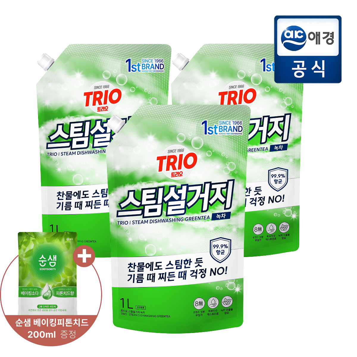 트리오 녹차 주방세제 1L 3개+순샘 주방세제 200ml