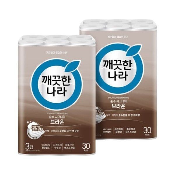 깨끗한나라 깨끗한나라 순수시그니처 화장지 브라운 3겹 30m 30롤 2팩 프리미엄 두루마리 휴지