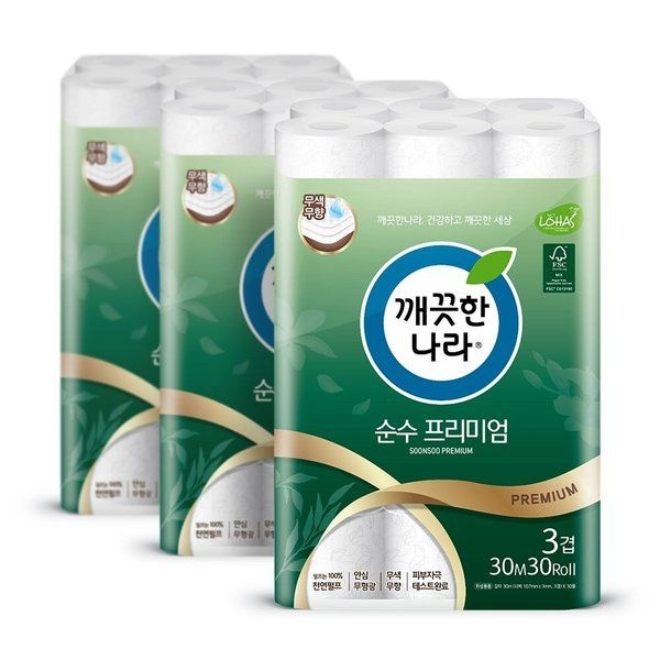 깨끗한나라 깨끗한나라 순수 프리미엄 3겹 화장지 30m 30롤 3팩 두루마리 휴지