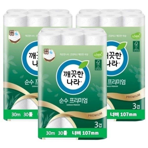 깨끗한나라 깨끗한나라 3겹데코 순수 프리미엄 30m 30롤3팩 두루마리 휴지