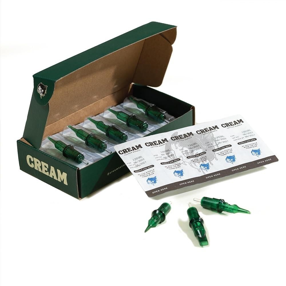 Cream Tattoo Supply [해외] Cream Tattoo Supply Green Cartridges, 20pcs Japanese Steel Tattoo Needle Cartridges for Metal Grips (11 Round Shader - 1211 THICC)