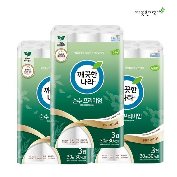 깨끗한나라 깨끗한나라 [깨끗한나라] 3겹 순수 프리미엄 30m 30롤 3팩 두루마리 휴지
