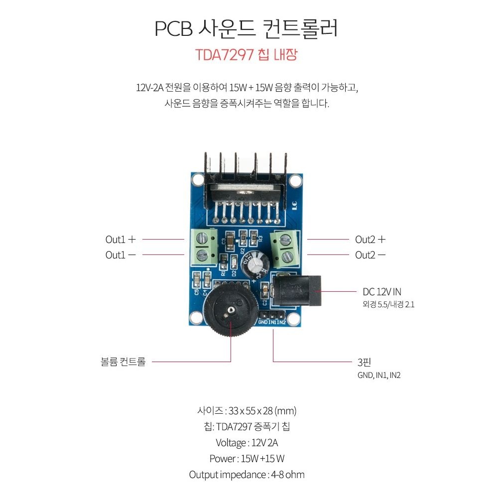 컨트롤러 3핀 오디오 음향증폭 15W+15W PCB TDA7297칩내장 사운드 DC12V2A