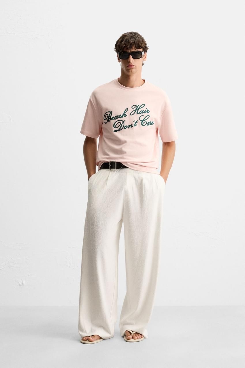 [국내발송] ZARA 남성 자수 텍스트 티셔츠 - 페일 로즈 367298