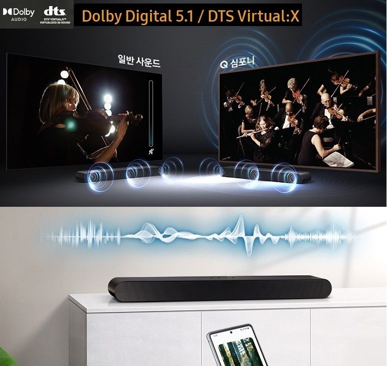 올인원 삼성 사운드바 섬세한 입체사운드 블루투스 고출력 W5 프레임우퍼 광단자 HDMI TV PC깊은중저음